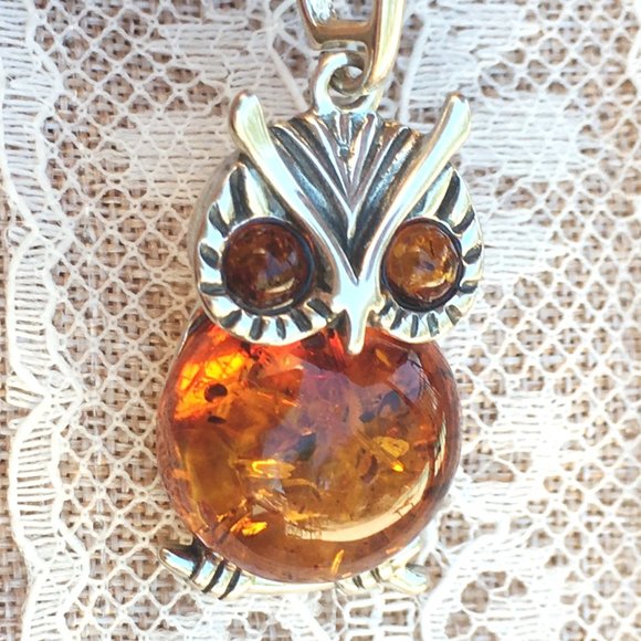 Limited Edition Boutique Jewelry - Baltic Amber Owl .925 Pendant Cognac Color Sterling Silver Genuine Large